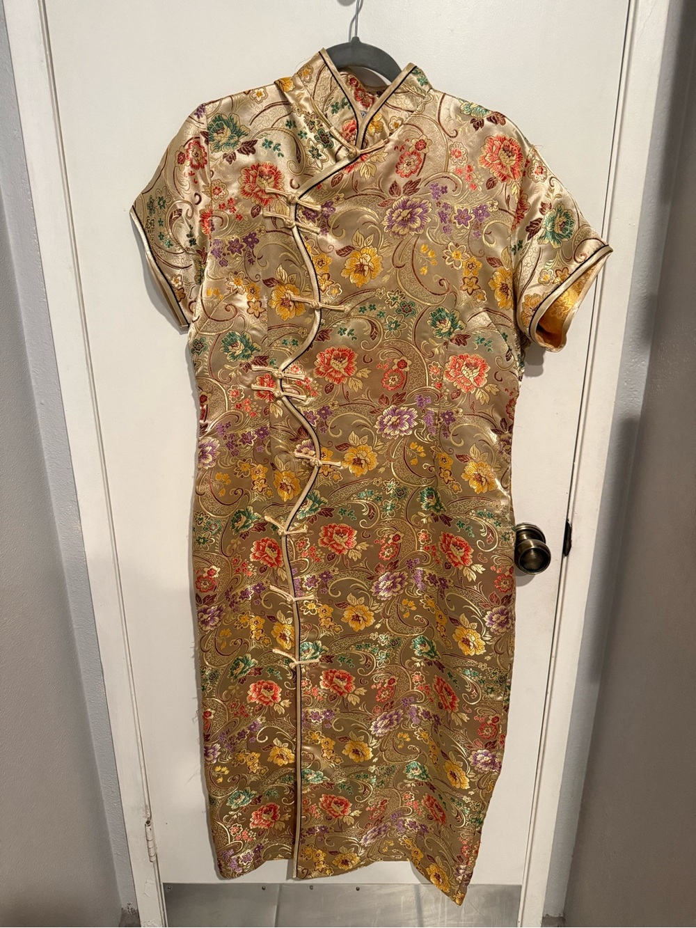 Gold Floral Satin Cheongsam Midi Dress with Mandarin Collar